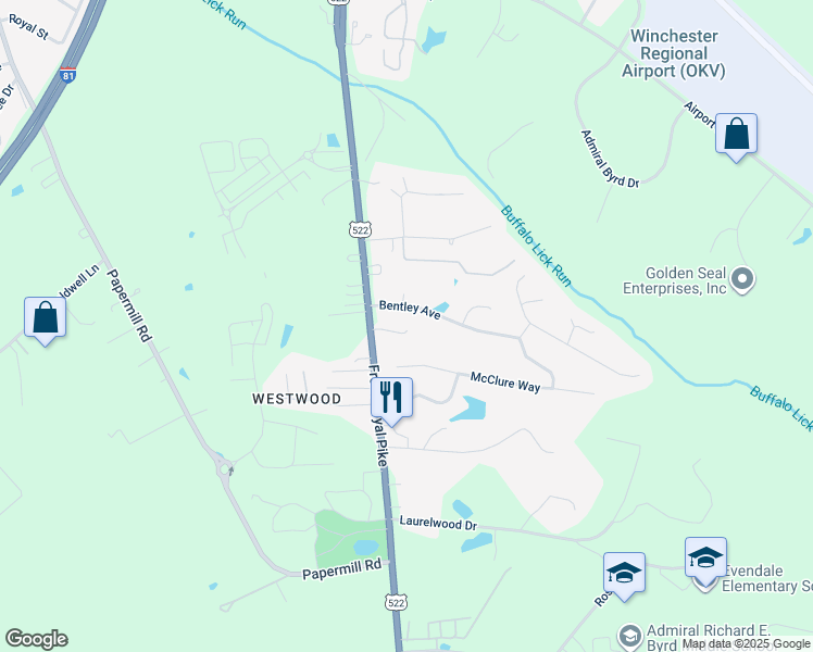 map of restaurants, bars, coffee shops, grocery stores, and more near 1071 Front Royal Pike in Winchester