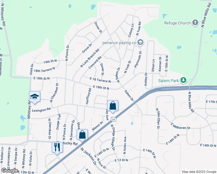 map of restaurants, bars, coffee shops, grocery stores, and more near 18908 East 18th Street North in Independence
