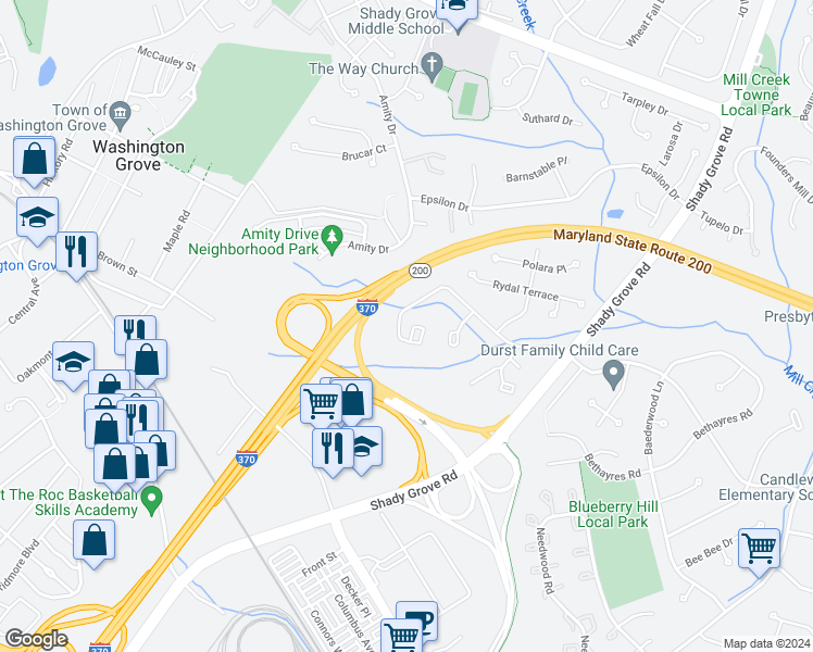 map of restaurants, bars, coffee shops, grocery stores, and more near 17106 Briardale Road in Rockville