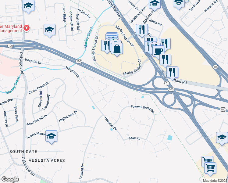 map of restaurants, bars, coffee shops, grocery stores, and more near 79 Foxbay Lane in Glen Burnie