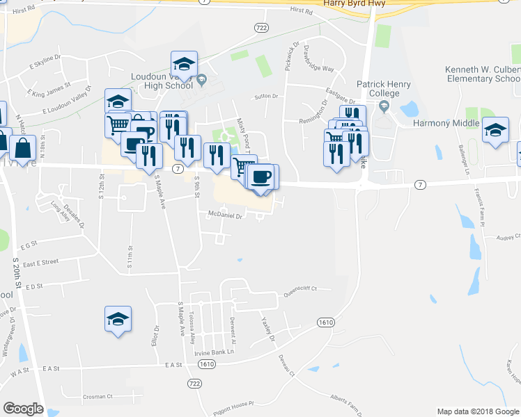 map of restaurants, bars, coffee shops, grocery stores, and more near 309 McDaniel Drive in Purcellville