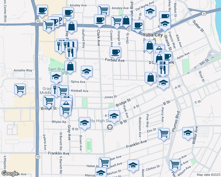 map of restaurants, bars, coffee shops, grocery stores, and more near 760 Spiva Avenue in Yuba City