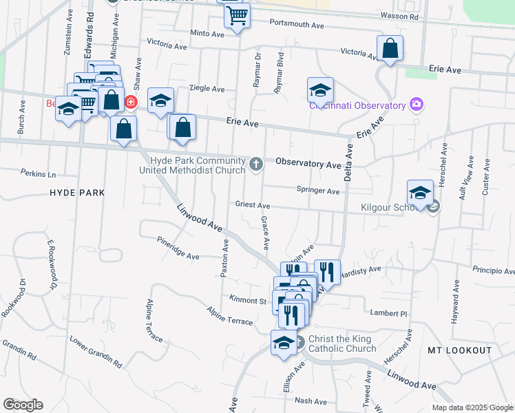 map of restaurants, bars, coffee shops, grocery stores, and more near 1308 Grace Avenue in Cincinnati