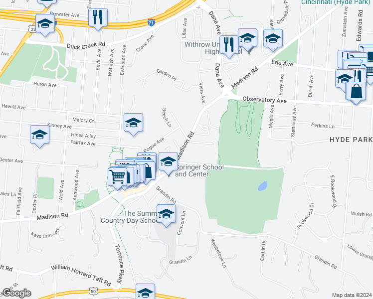 map of restaurants, bars, coffee shops, grocery stores, and more near 2305 Easthill Avenue in Cincinnati