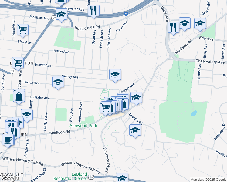 map of restaurants, bars, coffee shops, grocery stores, and more near 3116 Cinnamon Street in Cincinnati