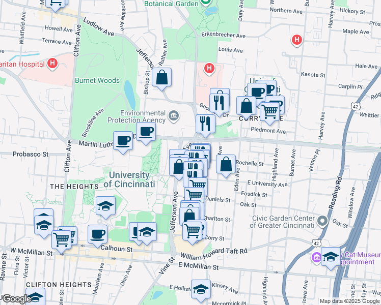 map of restaurants, bars, coffee shops, grocery stores, and more near 3115 Jefferson Avenue in Cincinnati