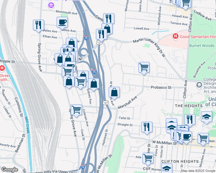 map of restaurants, bars, coffee shops, grocery stores, and more near 2904 West McMicken Avenue in Cincinnati