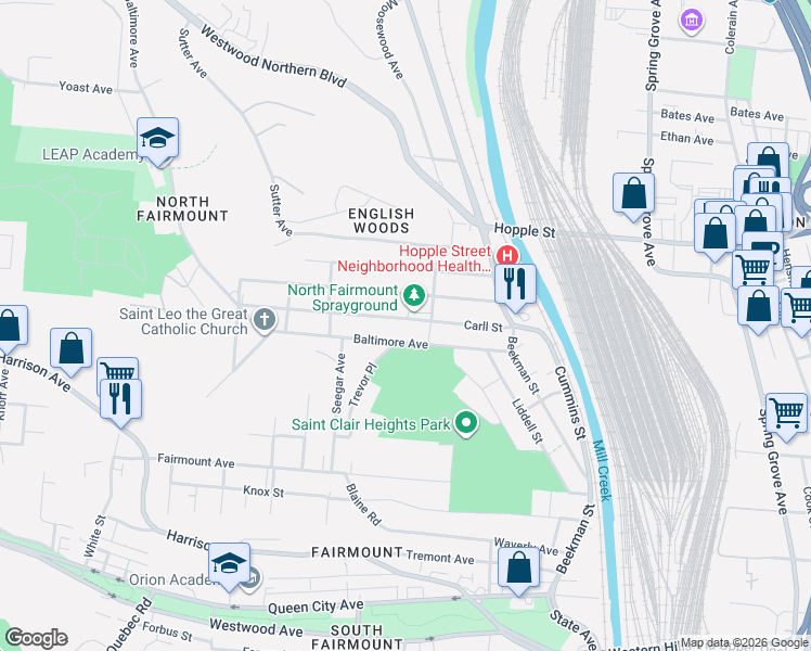 map of restaurants, bars, coffee shops, grocery stores, and more near 1719 Carll Street in Cincinnati