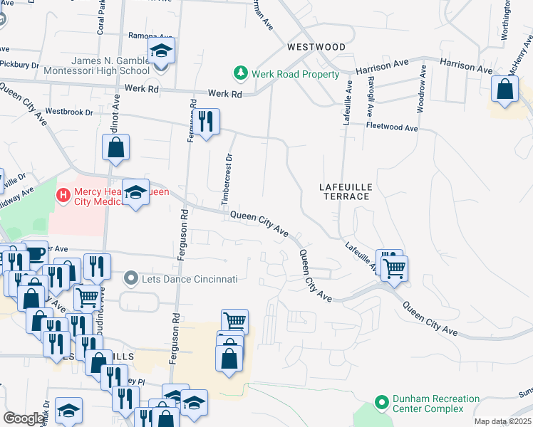 map of restaurants, bars, coffee shops, grocery stores, and more near 2804 Queen City Avenue in Cincinnati