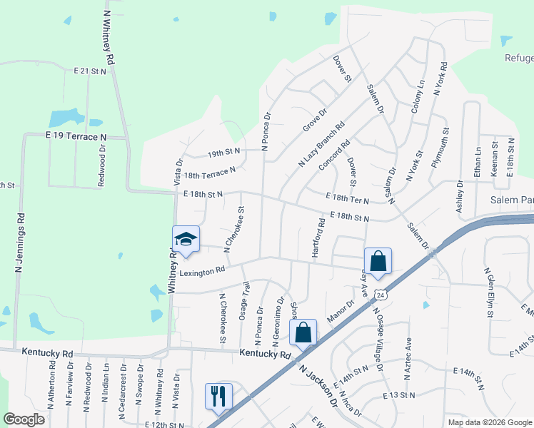 map of restaurants, bars, coffee shops, grocery stores, and more near 1714 North Ponca Drive in Independence