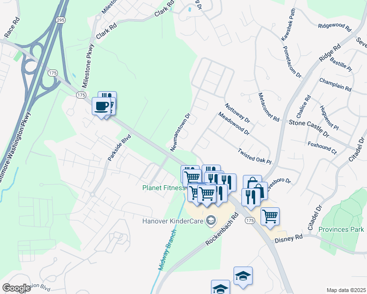 map of restaurants, bars, coffee shops, grocery stores, and more near 2818 Etley Court in Severn