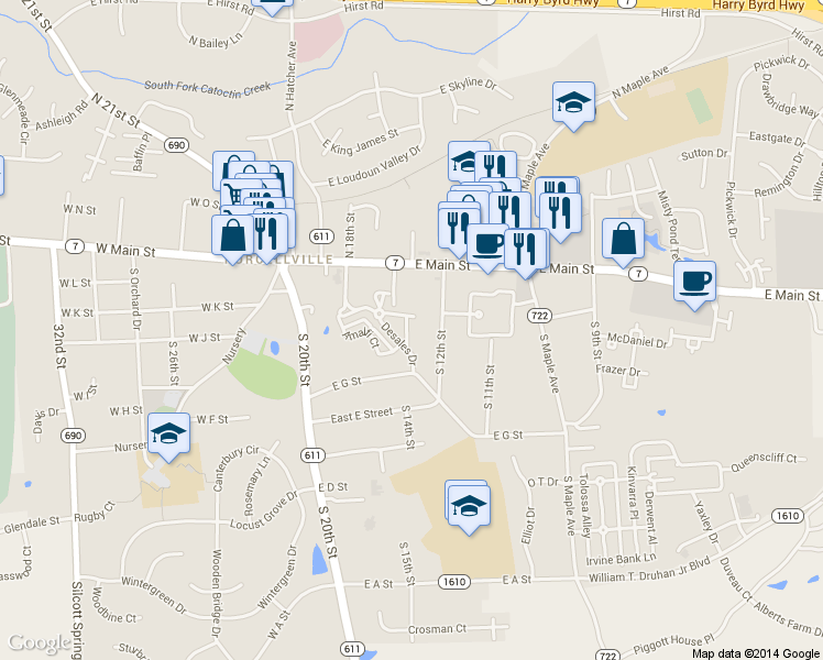 map of restaurants, bars, coffee shops, grocery stores, and more near 156 Positano Court in Purcellville