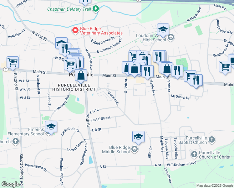 map of restaurants, bars, coffee shops, grocery stores, and more near 156 Positano Court in Purcellville