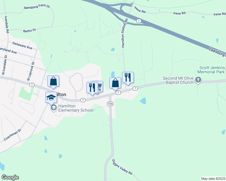 map of restaurants, bars, coffee shops, grocery stores, and more near 38986 East Colonial Highway in Hamilton