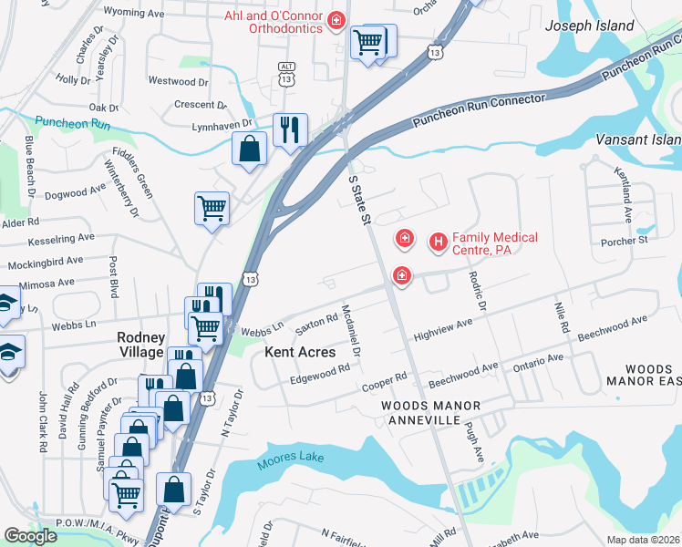 map of restaurants, bars, coffee shops, grocery stores, and more near 28 Old Rudnick Lane in Dover