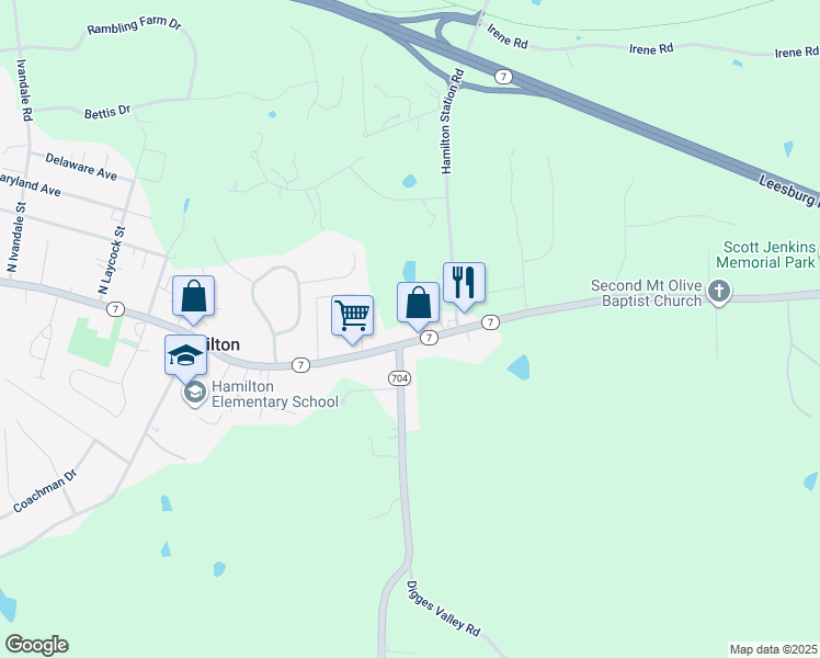 map of restaurants, bars, coffee shops, grocery stores, and more near 38986 East Colonial Highway in Hamilton