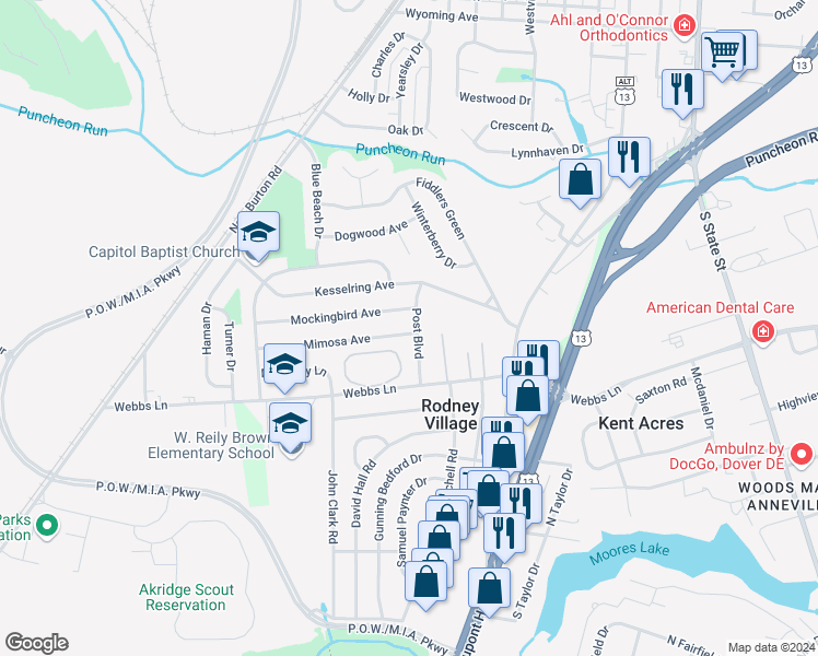 map of restaurants, bars, coffee shops, grocery stores, and more near 301 Mimosa Avenue in Dover