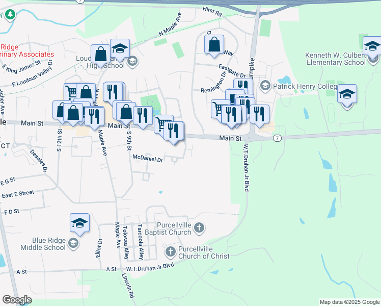 map of restaurants, bars, coffee shops, grocery stores, and more near 108 McIlhaney Way in Purcellville