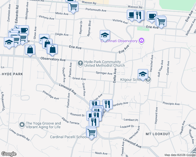 map of restaurants, bars, coffee shops, grocery stores, and more near 3029 Springer Avenue in Cincinnati