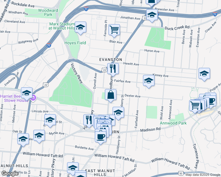 map of restaurants, bars, coffee shops, grocery stores, and more near 3128 Woodburn Avenue in Cincinnati