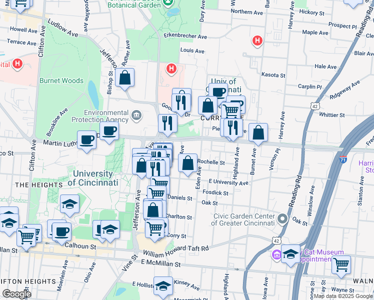 map of restaurants, bars, coffee shops, grocery stores, and more near 3022 Euclid Avenue in Cincinnati