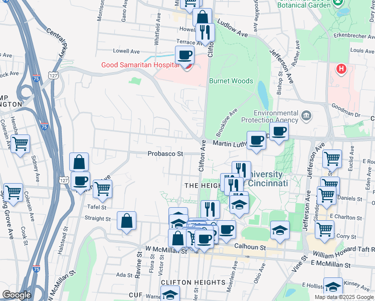 map of restaurants, bars, coffee shops, grocery stores, and more near 435 Riddle Road in Cincinnati