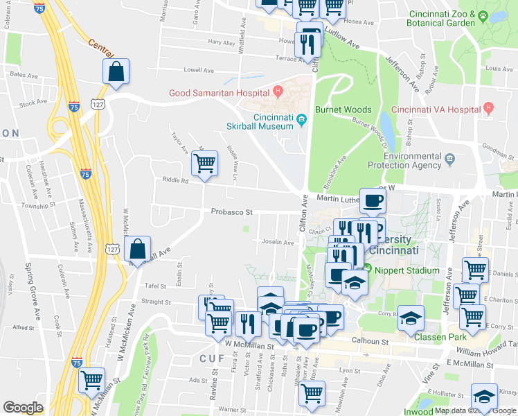 map of restaurants, bars, coffee shops, grocery stores, and more near 471 Riddle Road in Cincinnati