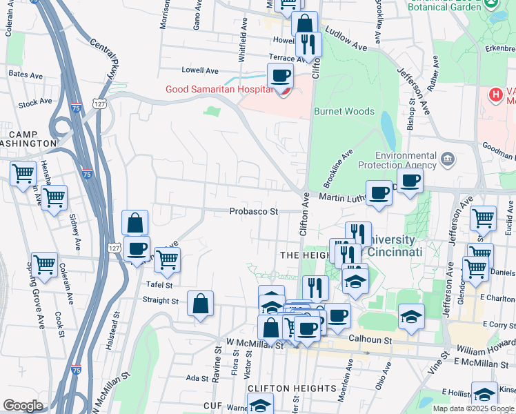 map of restaurants, bars, coffee shops, grocery stores, and more near in Cincinnati
