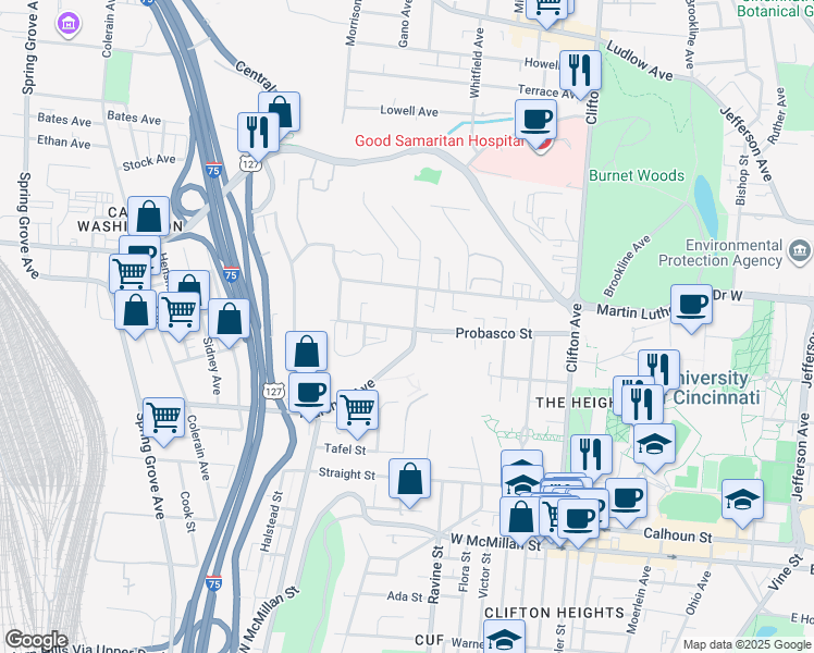 map of restaurants, bars, coffee shops, grocery stores, and more near 2925 Marshall Avenue in Cincinnati