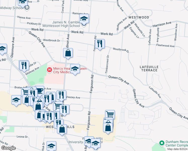 map of restaurants, bars, coffee shops, grocery stores, and more near 2938 Queen City Avenue in Cincinnati