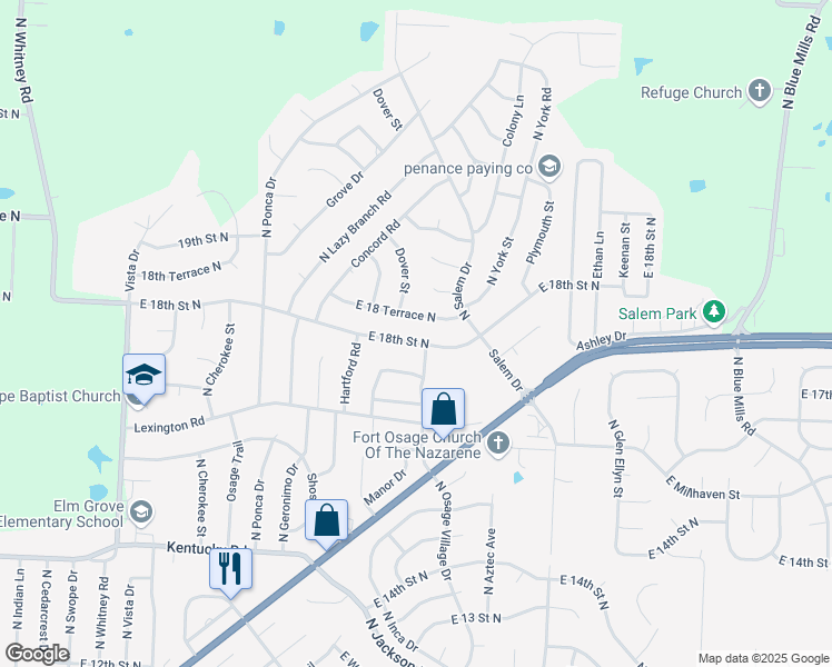 map of restaurants, bars, coffee shops, grocery stores, and more near 18905 East 18 Terrace North in Independence