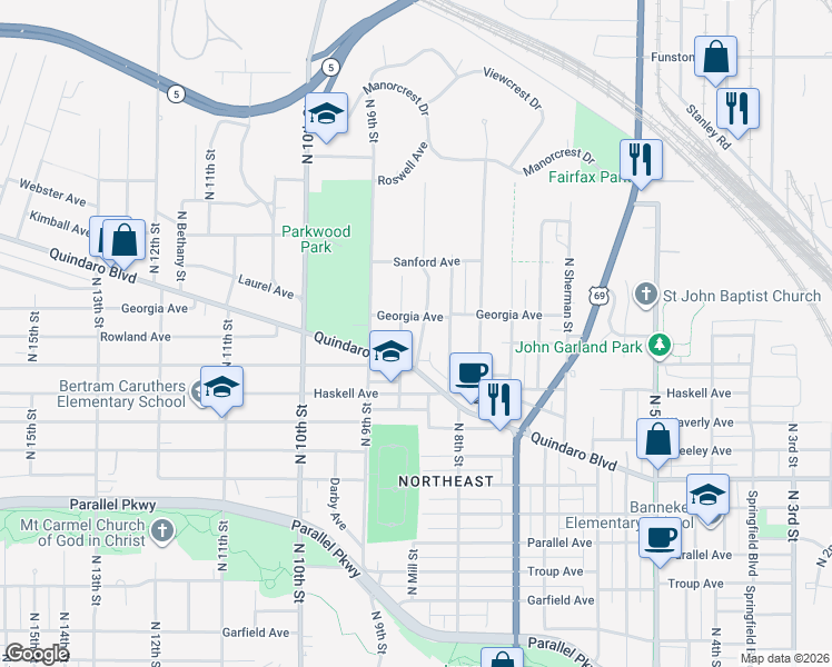 map of restaurants, bars, coffee shops, grocery stores, and more near 2644 North Early Street in Kansas City
