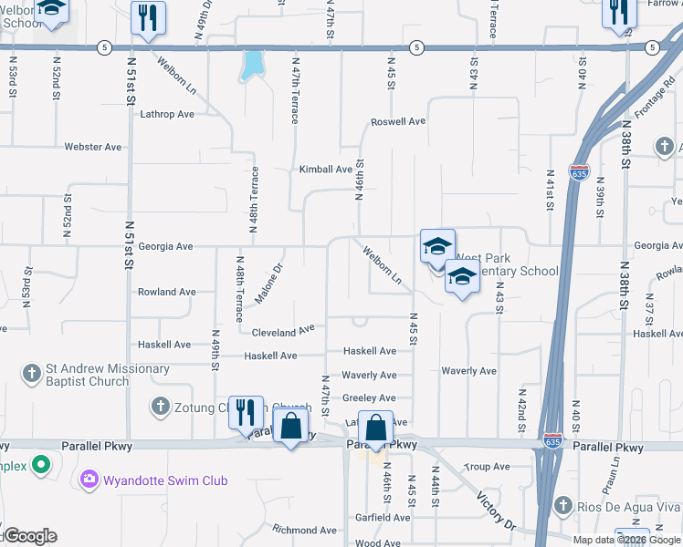 map of restaurants, bars, coffee shops, grocery stores, and more near 2611 North 46th Terrace in Kansas City