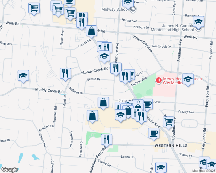 map of restaurants, bars, coffee shops, grocery stores, and more near 2655 Foran Drive in Cincinnati