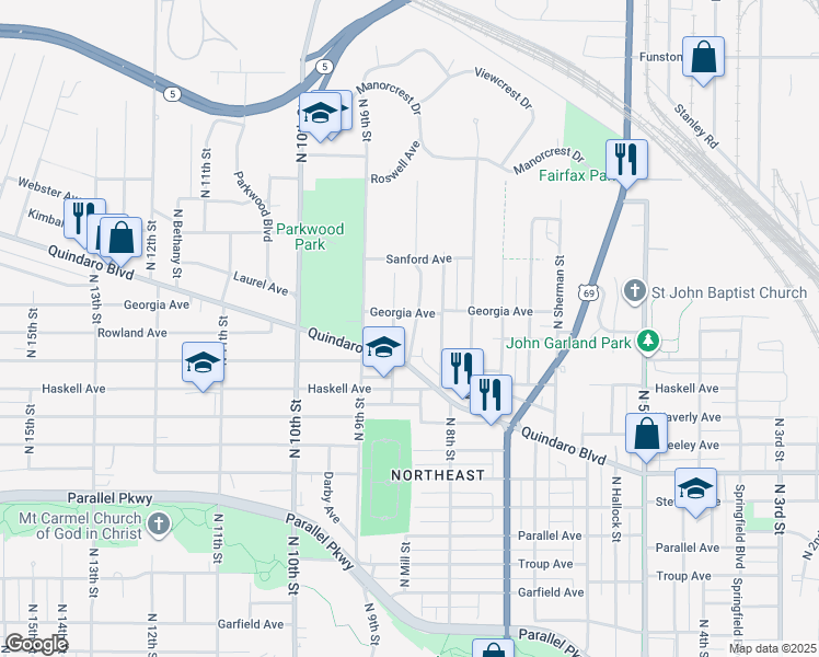 map of restaurants, bars, coffee shops, grocery stores, and more near 2644 North Early Street in Kansas City