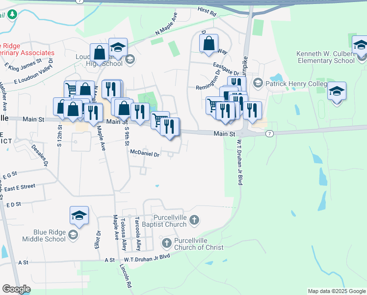 map of restaurants, bars, coffee shops, grocery stores, and more near 104 McIlhaney Way in Purcellville