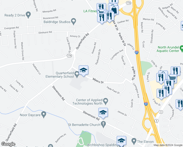 map of restaurants, bars, coffee shops, grocery stores, and more near 730 Snowden Lane in Glen Burnie