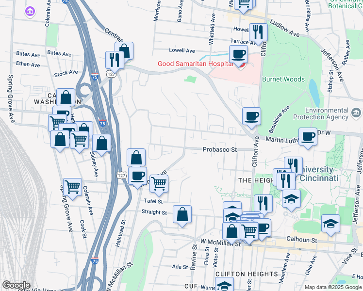 map of restaurants, bars, coffee shops, grocery stores, and more near 2925 Marshall Avenue in Cincinnati