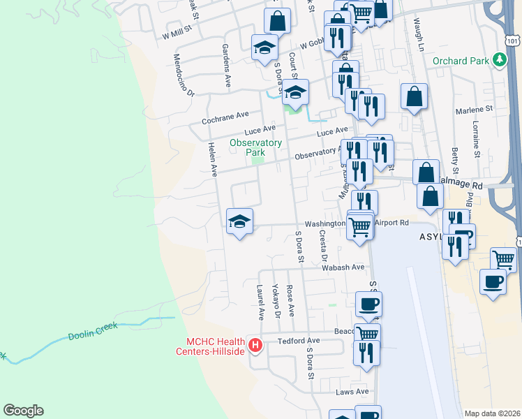 map of restaurants, bars, coffee shops, grocery stores, and more near 1205 Marwen Drive in Ukiah