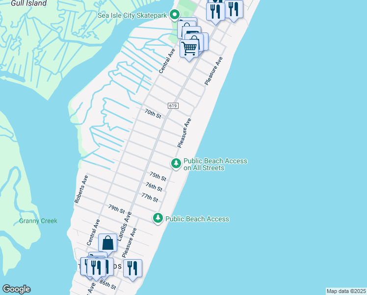 map of restaurants, bars, coffee shops, grocery stores, and more near 7108 Pleasure Avenue in Sea Isle City