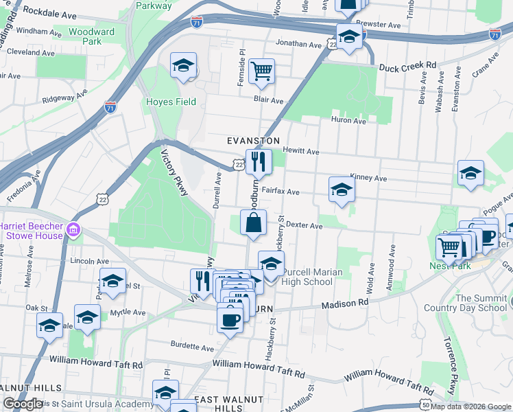 map of restaurants, bars, coffee shops, grocery stores, and more near 3128 Woodburn Avenue in Cincinnati