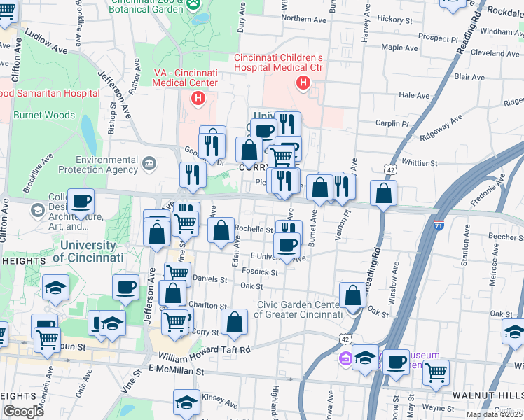 map of restaurants, bars, coffee shops, grocery stores, and more near 231 Martin Luther King Drive East in Cincinnati