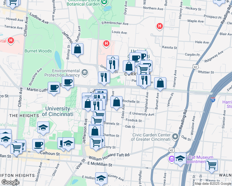 map of restaurants, bars, coffee shops, grocery stores, and more near 3022 Euclid Avenue in Cincinnati