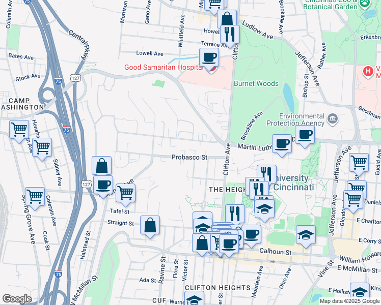 map of restaurants, bars, coffee shops, grocery stores, and more near 471 Riddle Road in Cincinnati