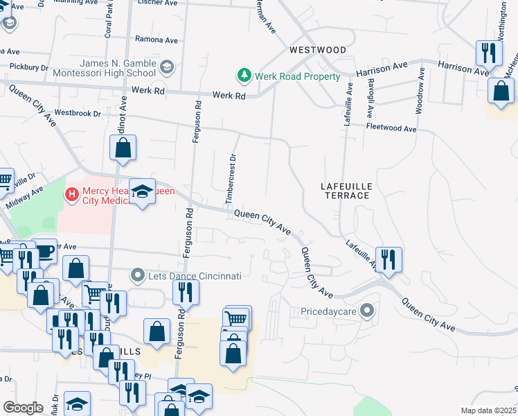 map of restaurants, bars, coffee shops, grocery stores, and more near 2804 Queen City Avenue in Cincinnati