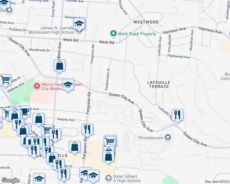 map of restaurants, bars, coffee shops, grocery stores, and more near 2828 Queen City Avenue in Cincinnati