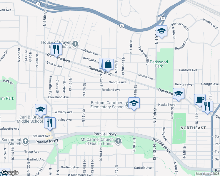 map of restaurants, bars, coffee shops, grocery stores, and more near 1206 Rowland Avenue in Kansas City