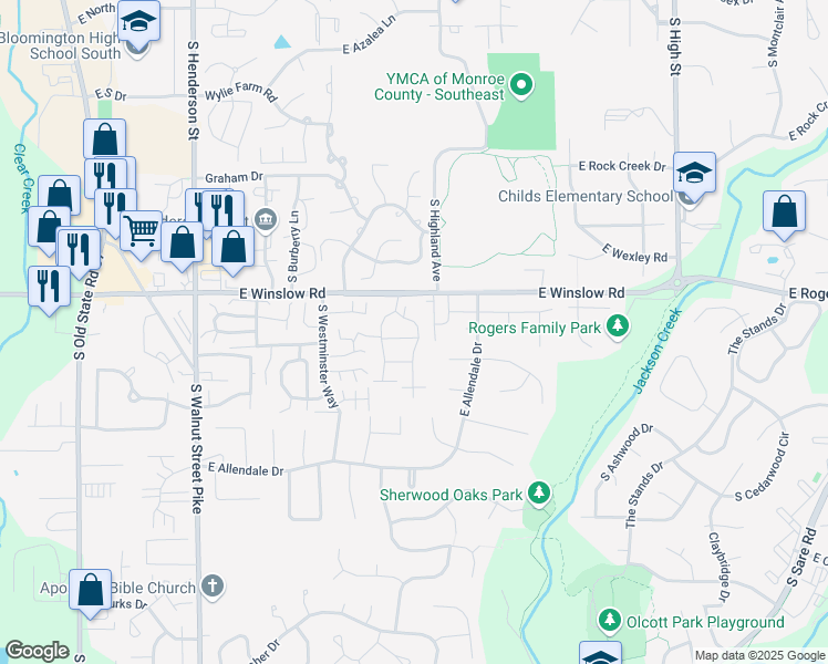map of restaurants, bars, coffee shops, grocery stores, and more near 3105 South Acadia Court in Bloomington