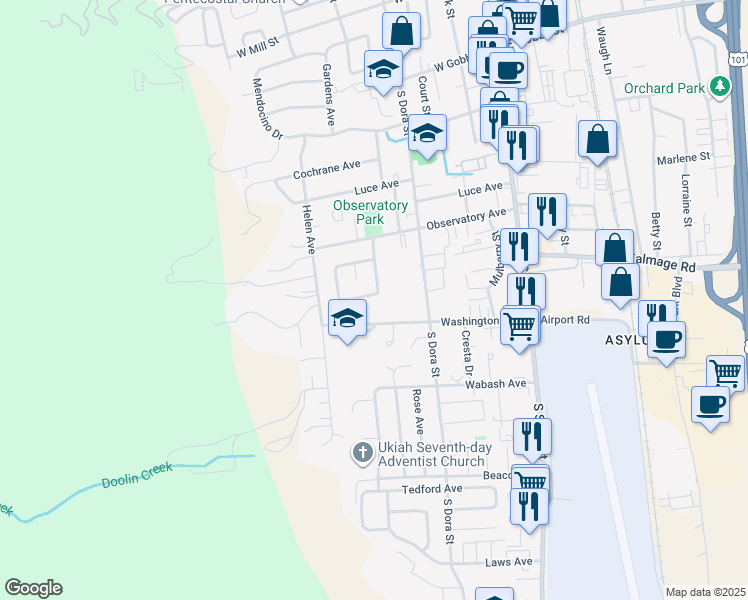 map of restaurants, bars, coffee shops, grocery stores, and more near 1215 Marwen Drive in Ukiah