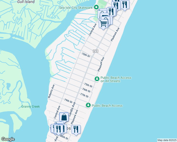 map of restaurants, bars, coffee shops, grocery stores, and more near 34 72nd Street in Sea Isle City